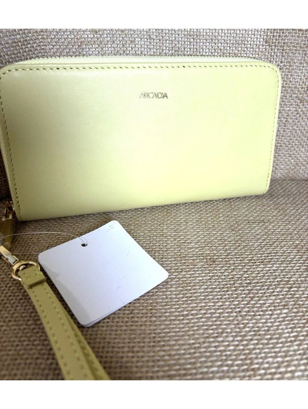 Arcadia Italian Yellow Leather Wallet Wristlet  gold logo and zipper NWT